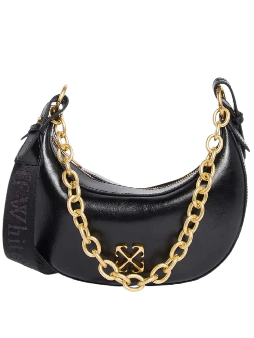 Off-white Black Leather Crescent Crossbody Shoulder Bag  Chunky Gold Chain NEW